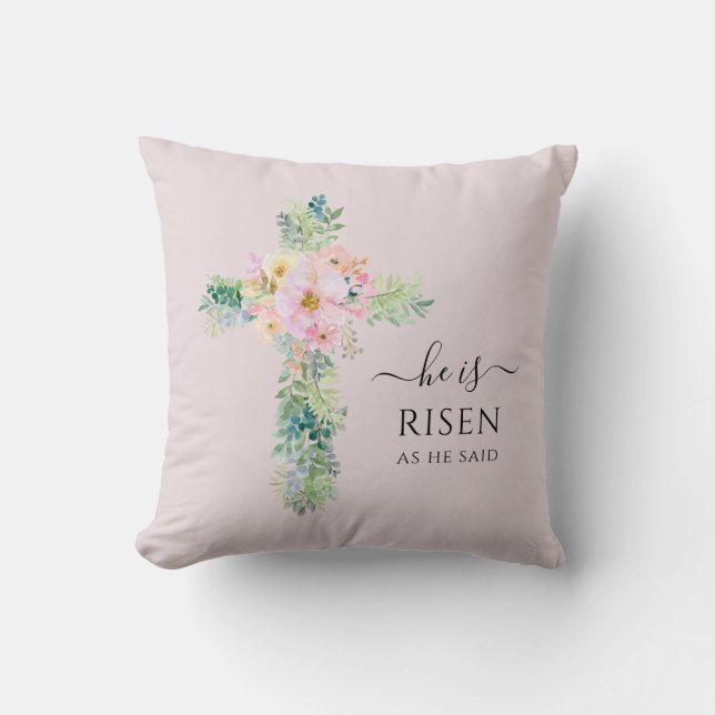 He is Risen Greenery Watercolor Cross Easter Throw Pillow (Front)
