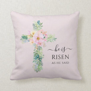 He is Risen Greenery Watercolor Cross Easter Throw Pillow