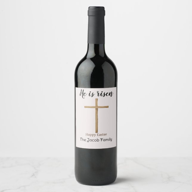 He is risen, Happy Easter to family, Religious Wine Label (Front)