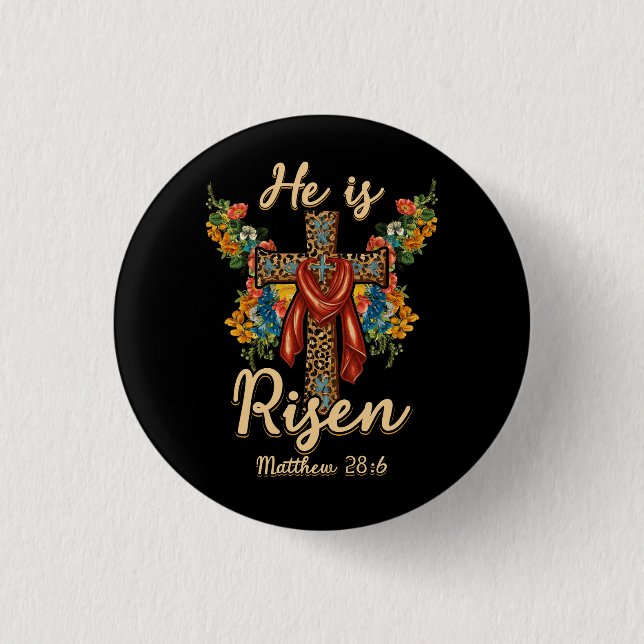 He is Risen Jesus Christian Happy Easter Floral Le 1 Inch Round Button (Front)
