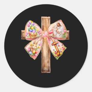 He Is Risen Jesus Coquette Bow Easter Cross Women  Classic Round Sticker