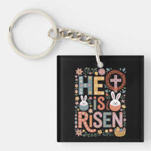 He is Risen Jesus Floral Cute Easter Bunny Rabbit Keychain