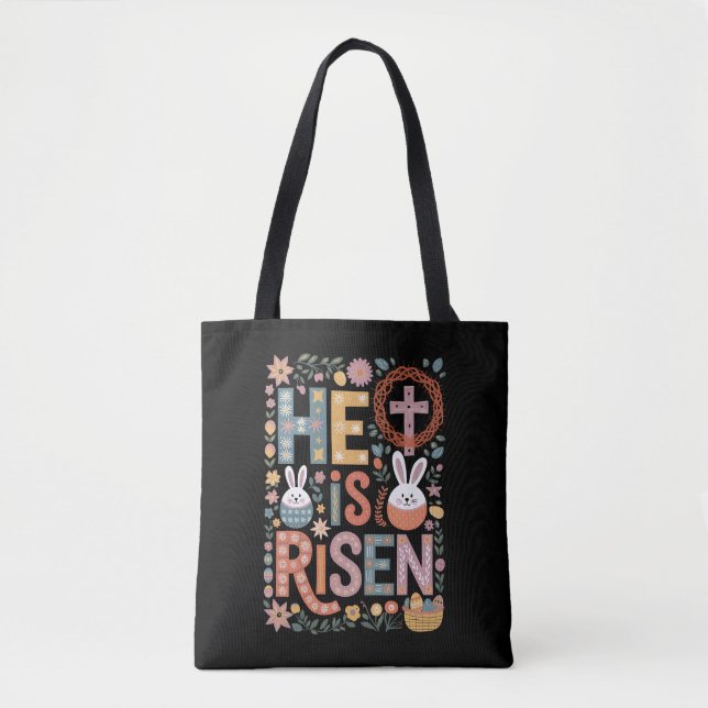 He is Risen Jesus Floral Cute Easter Bunny Rabbit Tote Bag (Front)