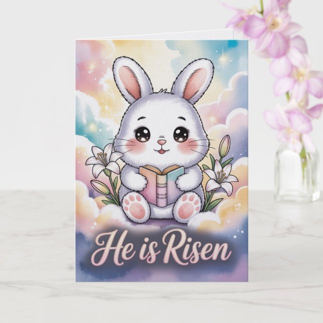 He Is Risen Kawaii Bunny Easter Card (Orchid)