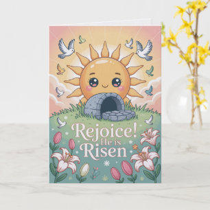 He Is Risen Kawaii Smiling Sun Easter Card