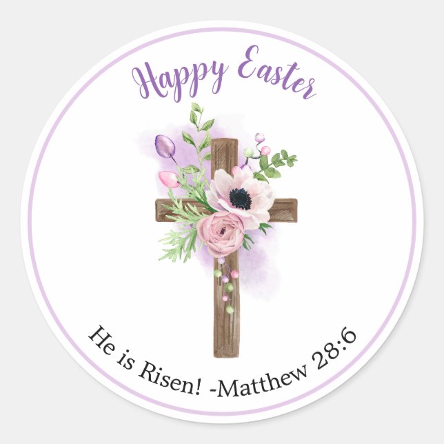He is Risen - Purple Floral Cross Easter Stickers (Front)
