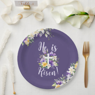 "He is Risen!" Purple Floral Religious Easter Paper Plate