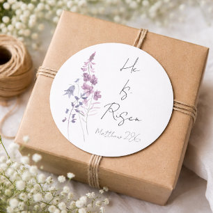 He is Risen Purple Floral Script Religious Easter  Classic Round Sticker