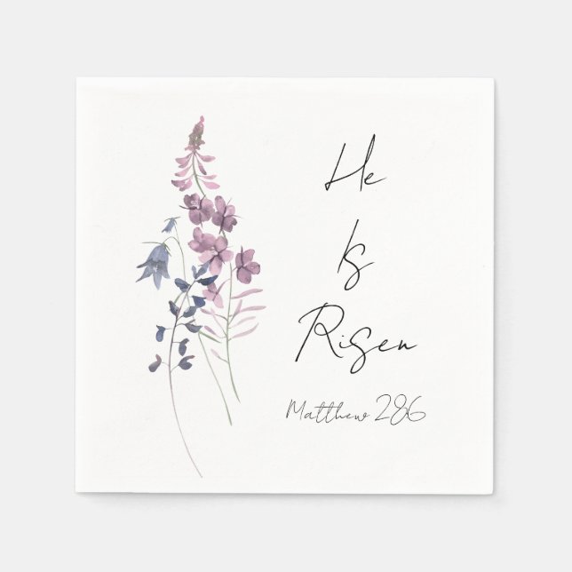 He is Risen Purple Floral Script Religious Easter  Napkin (Front)