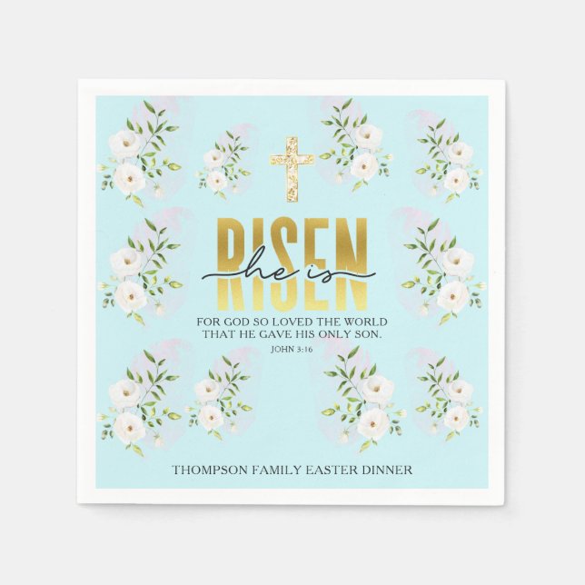 He Is Risen Religious Christian Quote Blue Easter Napkin (Front)