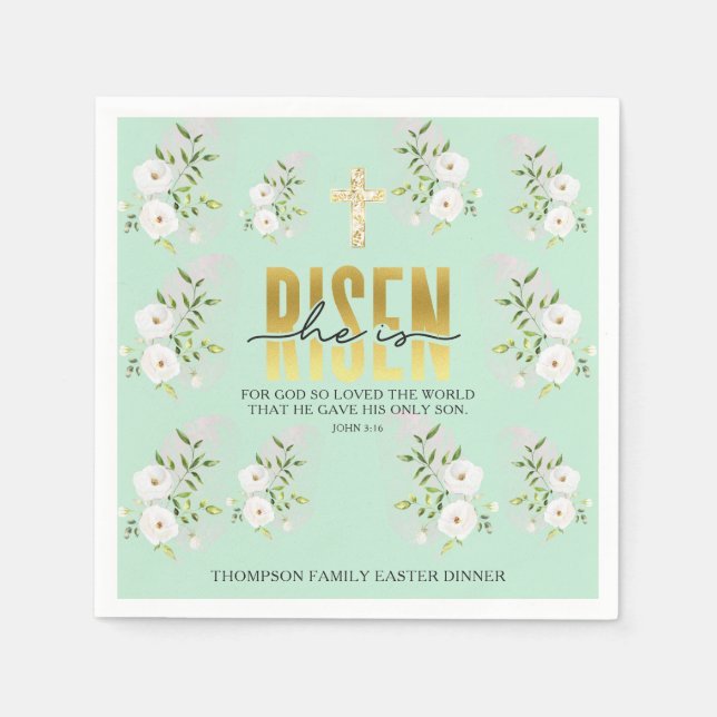 He Is Risen Religious Christian Quote Mint Easter Napkin (Front)