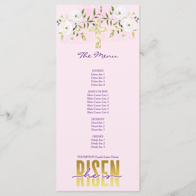 He Is Risen Religious Christian Quote Pink Easter Menu (Front)