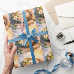 He Is Risen Religious Floral Crown Easter Wrapping Paper