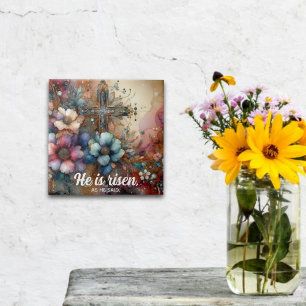 He Is Risen Scripture Floral Watercolor Cross Tile