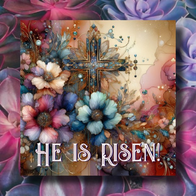He Is Risen Scripture Floral Watercolor Cross Tile (Creator Uploaded)