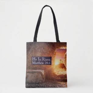 He Is Risen Three Crosses Empty Tomb Church Easter Tote Bag
