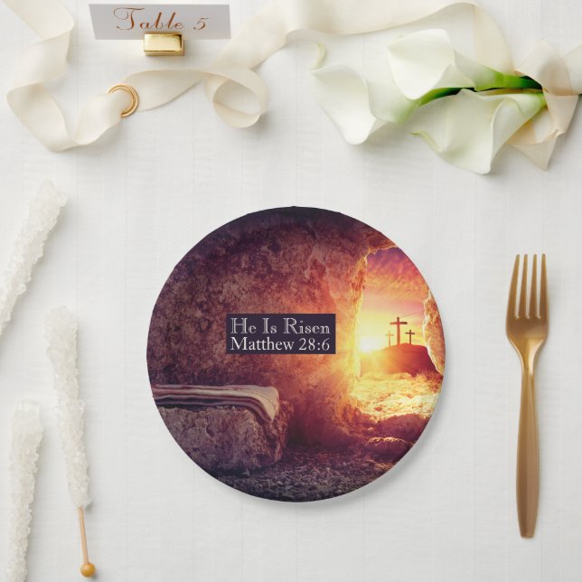 He Is Risen Three Crosses Empty Tomb Easter Paper Plate (Wedding)
