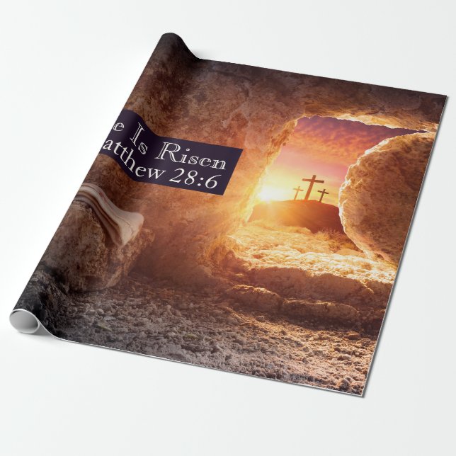He Is Risen Three Crosses Empty Tomb Easter Wrapping Paper (Unrolled)