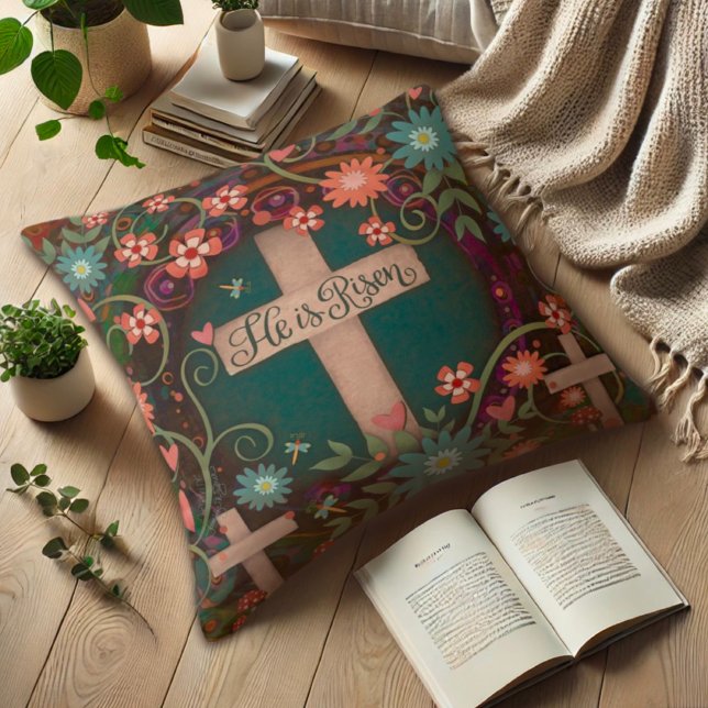 He is Risen Three Crosses Pretty Floral Easter Throw Pillow (Creator Uploaded)