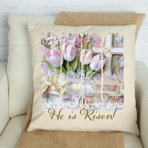 He is Risen Tulip Cross Christian Vintage Womens Throw Pillow