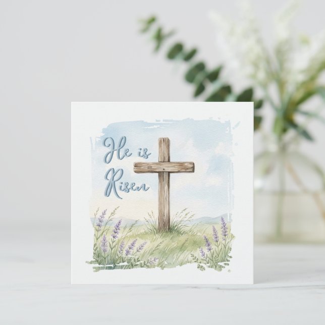 He Is Risen Watercolor Easter Cross Greeting Card (Standing Front)