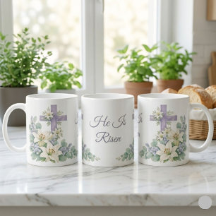 He Is Risen Watercolor Floral Cross Easter 2026  Coffee Mug