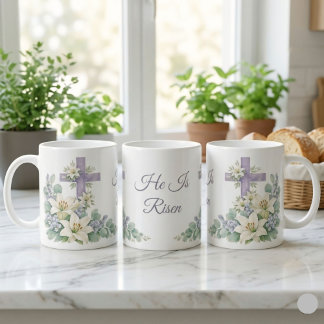 He Is Risen Watercolor Floral Cross Easter 2026  Coffee Mug