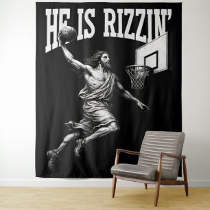 He Is Rizzin Funny Jesus Basketball Easter Day Tapestry
