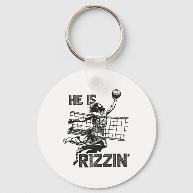 He Is Rizzin Funny Jesus Playing Volleyball Player Keychain (Front)