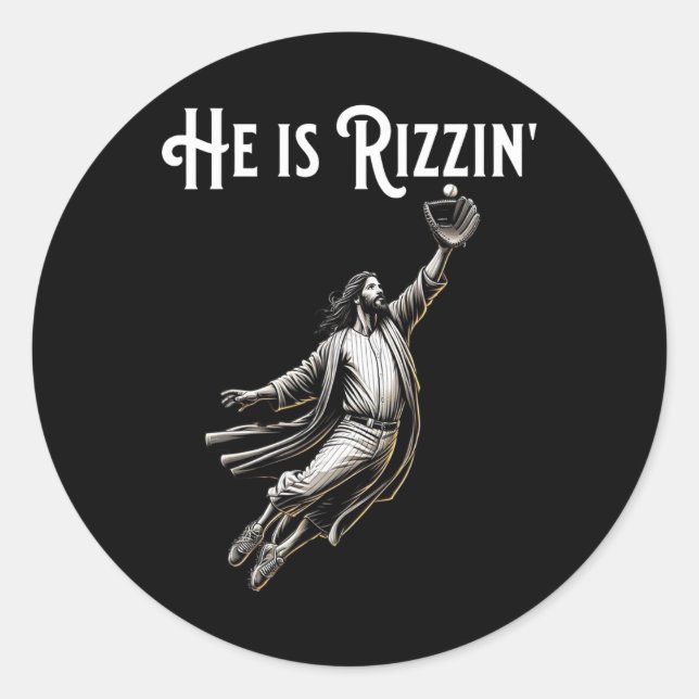 He Is Rizzin Jesus Playing Baseball Fun Sports Riz Classic Round Sticker (Front)