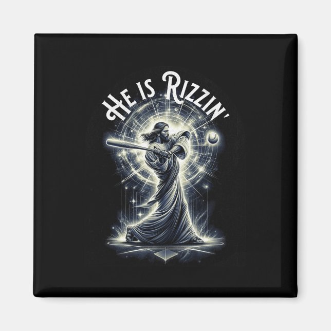 He Is Rizzin Jesus Playing Baseball Fun Sports Riz Magnet (Front)