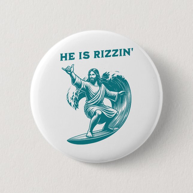 He Is Rizzin Jesus Surfing Funny Retro Easter Vint 2 Inch Round Button (Front)