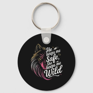 He Keeps Me Safe She Keeps Me Wolf Art Lover Coupl Keychain