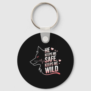 He Keeps Me Safe She Keeps Me Wolf Art Lover Coupl Keychain