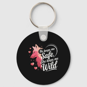 He Keeps Me Safe She Keeps Me Wolf Art Lover Coupl Keychain