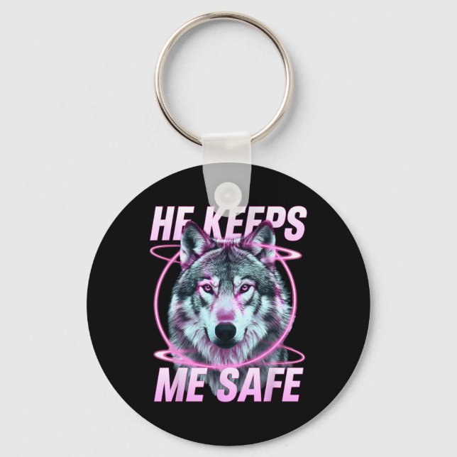 He Keeps Me Safe Wolves Valentine Day's For Lovers Keychain (Front)