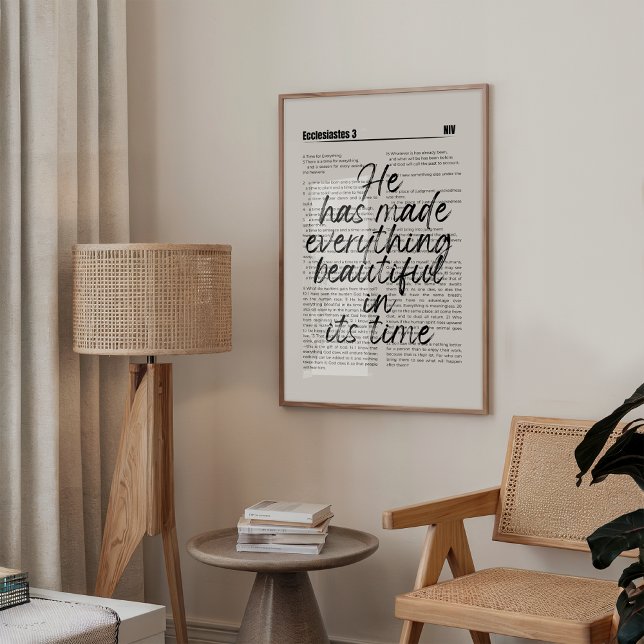 He Made All Things Beautiful Print (Minimalist Christian wall art featuring Ecclesiastes 3 in elegant black bold typography. )