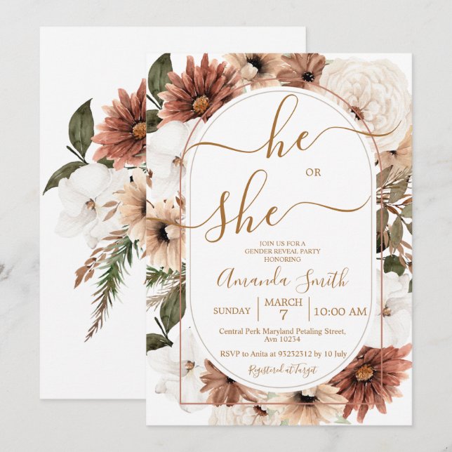 He or She Arch Boho Floral Gender Reveal Party Invitation (Front/Back)