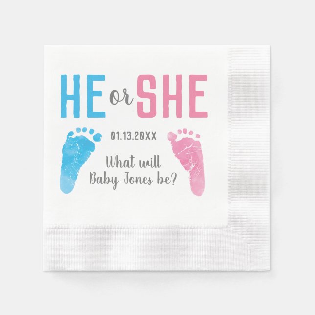 He or She Baby Gender Reveal Footprints Party Napkin (Front)