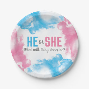 He or She Baby Gender Reveal Smoke Bomb Party Paper Plate