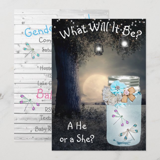 He or She,  Baby Shower Gender Reveal Dragonfly Invitation (Front/Back)