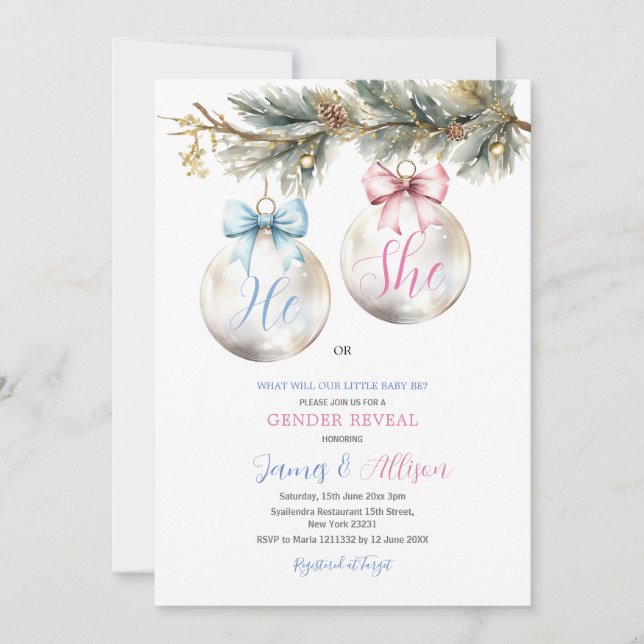 He or She Bauble Blue Pink Christmas Gender Reveal Invitation (Front)