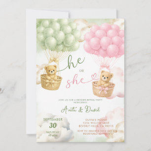 He or She Bear with Balloons Gender Reveal Invitation