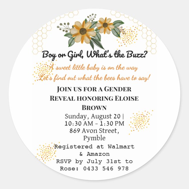 He or She Bee Yellow Floral Gender Reveal Party  Classic Round Sticker (Front)