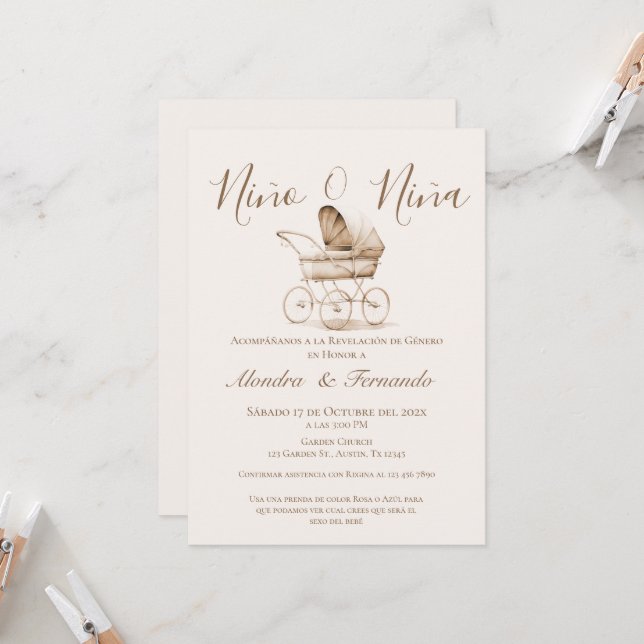 He or She Boho Baby Stroller Gender Reveal Invitat Invitation (Front/Back In Situ)