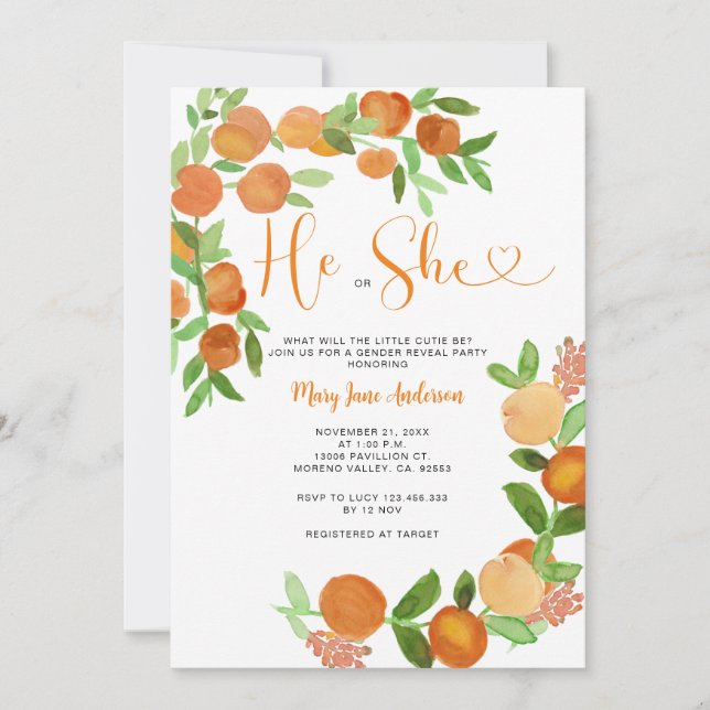 He or She Citrus Orange Greenery Gender Reveal Invitation (Front)