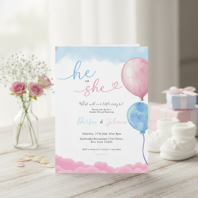 He or She Cute Pink & Blue Balloons Gender Reveal Invitation (Creator Uploaded)