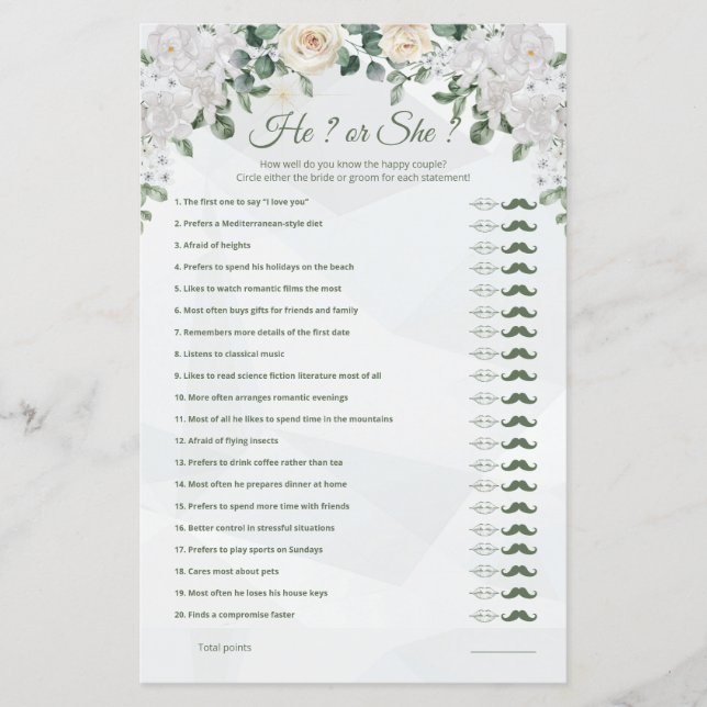 He or She Cute Wedding Game Printable (Front)