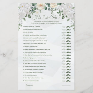 He or She Cute Wedding Game Printable
