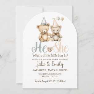 He or She Gender Reveal Bear Dusty Blue Pink Invitation